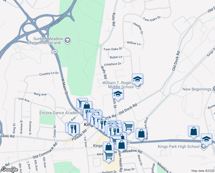 map of restaurants, bars, coffee shops, grocery stores, and more near 2 Kohr Road in Kings Park