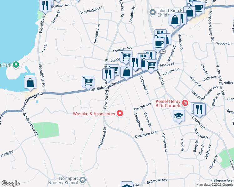 map of restaurants, bars, coffee shops, grocery stores, and more near 64 Ripley Drive in Northport