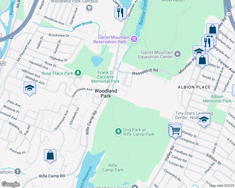 map of restaurants, bars, coffee shops, grocery stores, and more near 375 Rifle Camp Road in Woodland Park