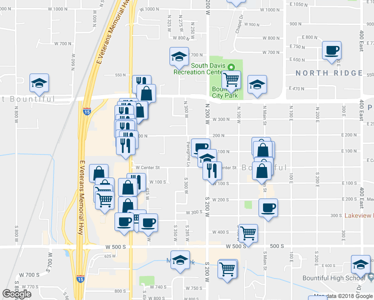 map of restaurants, bars, coffee shops, grocery stores, and more near 314 West Center Street in Bountiful