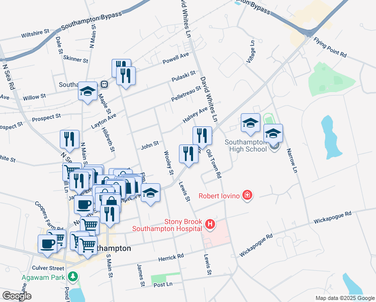 map of restaurants, bars, coffee shops, grocery stores, and more near 223 New York 27A in Southampton