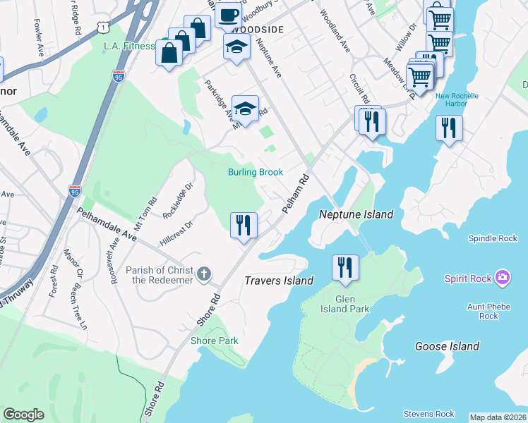 map of restaurants, bars, coffee shops, grocery stores, and more near 701 Pelham Road in New Rochelle