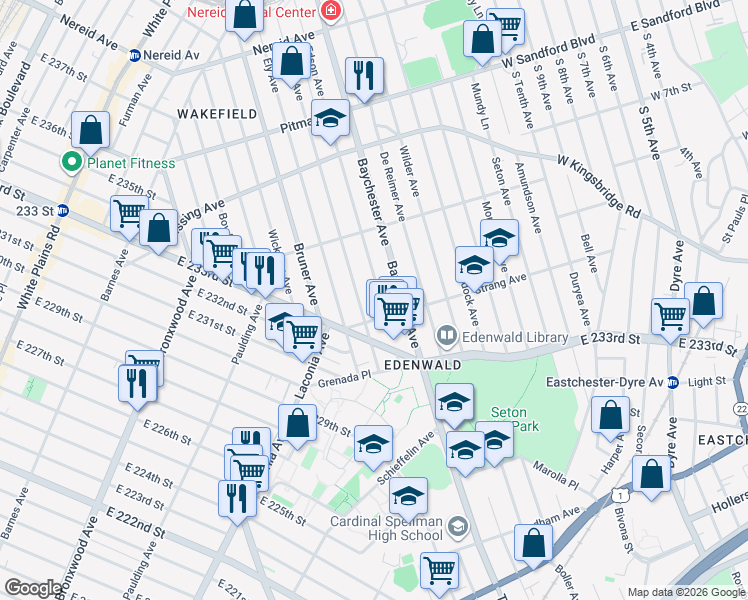 map of restaurants, bars, coffee shops, grocery stores, and more near 4015 Edson Avenue in Bronx