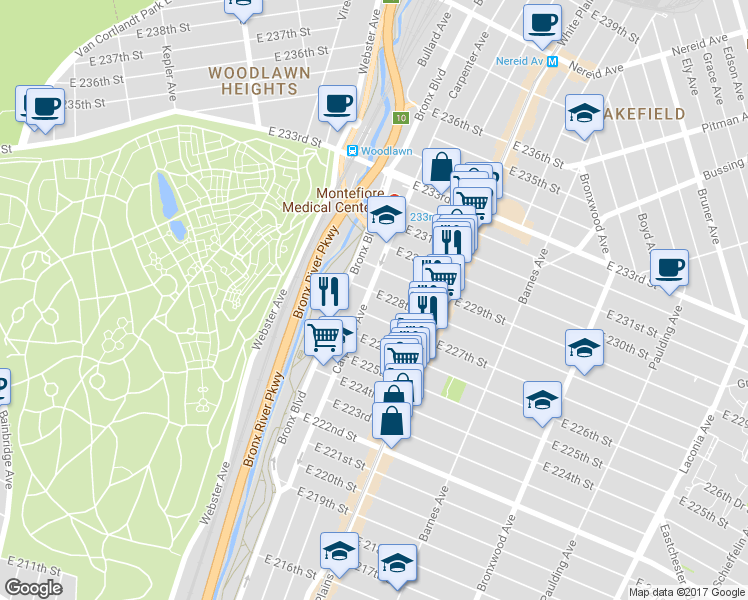 map of restaurants, bars, coffee shops, grocery stores, and more near 647 East 227th Street in Bronx