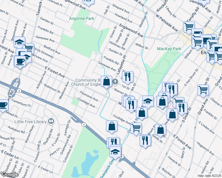 map of restaurants, bars, coffee shops, grocery stores, and more near 218 Warren Street in Englewood