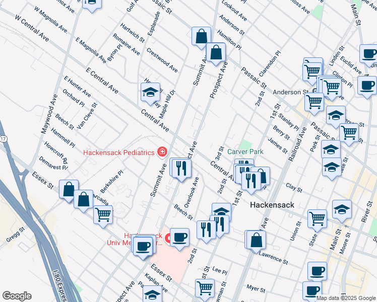 map of restaurants, bars, coffee shops, grocery stores, and more near in Hackensack