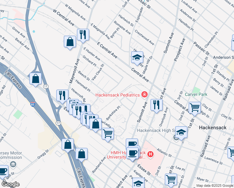 map of restaurants, bars, coffee shops, grocery stores, and more near 455 Beech Street in Hackensack