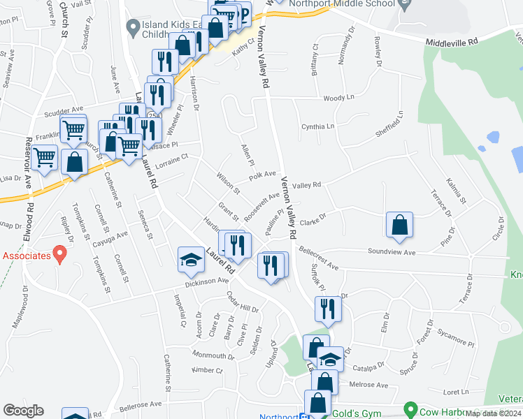 map of restaurants, bars, coffee shops, grocery stores, and more near 40 Roosevelt Avenue in East Northport