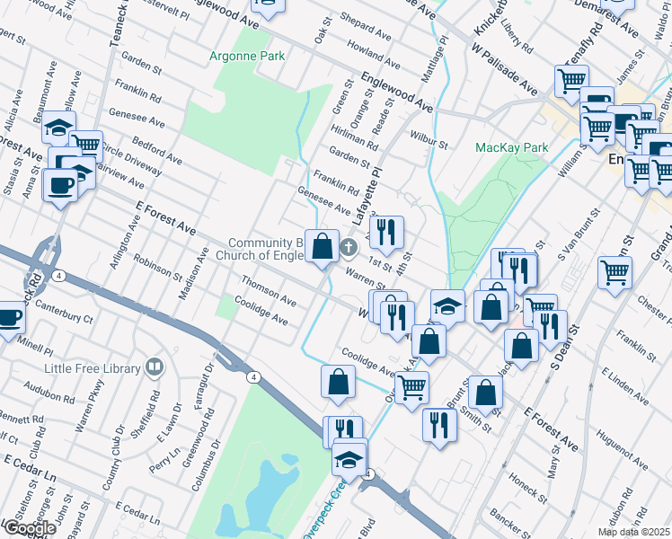 map of restaurants, bars, coffee shops, grocery stores, and more near 218 Warren Street in Englewood