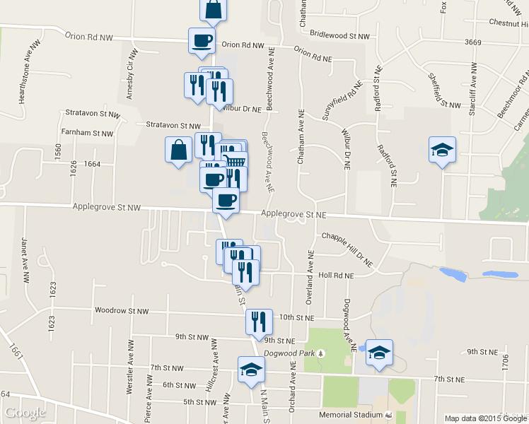 map of restaurants, bars, coffee shops, grocery stores, and more near 175 Applegrove Street Northeast in North Canton