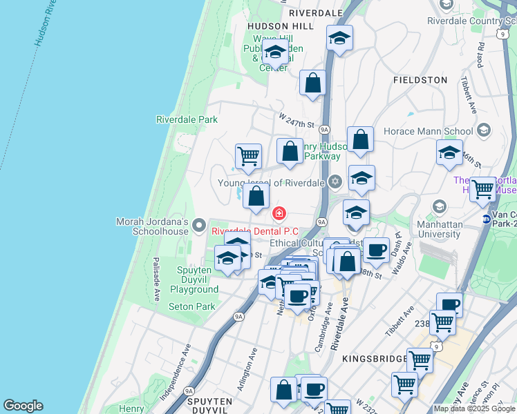 map of restaurants, bars, coffee shops, grocery stores, and more near 3935 Blackstone Avenue in Bronx