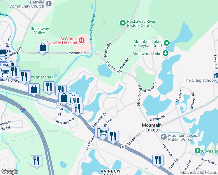 map of restaurants, bars, coffee shops, grocery stores, and more near 122 Lakewood Drive in Denville