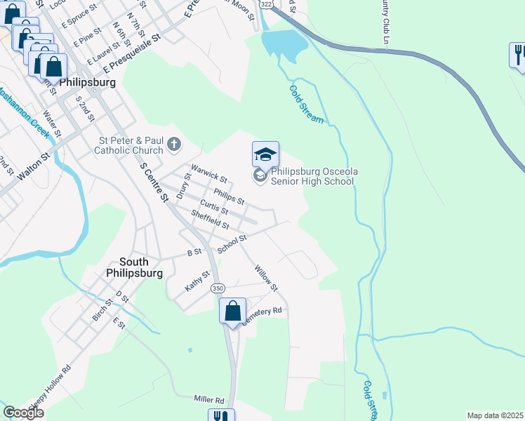 map of restaurants, bars, coffee shops, grocery stores, and more near 502 Philips Street in Philipsburg