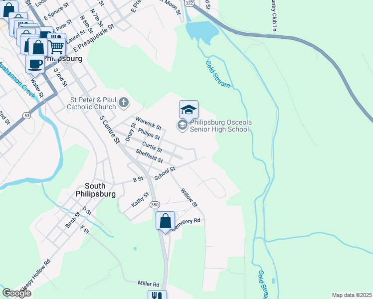 map of restaurants, bars, coffee shops, grocery stores, and more near 502 Philips Street in Philipsburg