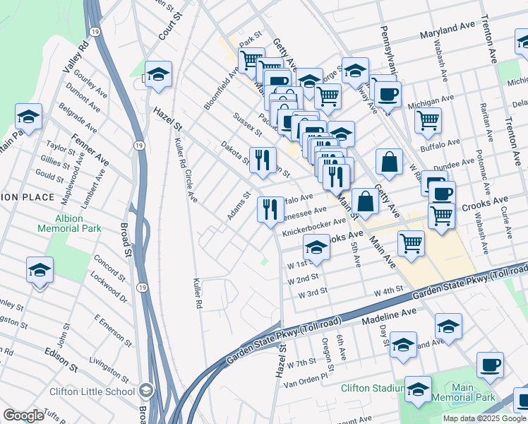 map of restaurants, bars, coffee shops, grocery stores, and more near 1090 Main Street in Paterson