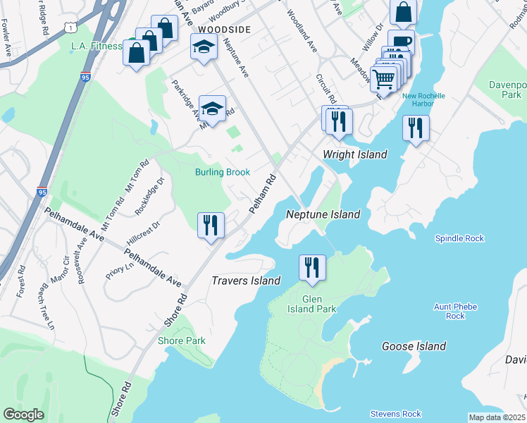 map of restaurants, bars, coffee shops, grocery stores, and more near 676 Pelham Road in New Rochelle