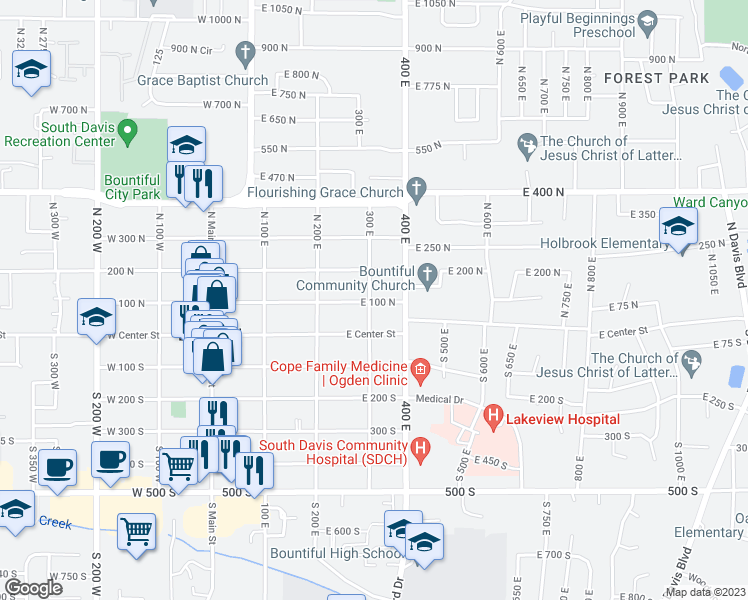 map of restaurants, bars, coffee shops, grocery stores, and more near 110 North 300 East in Bountiful