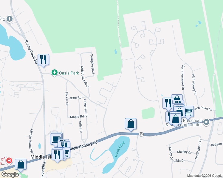 map of restaurants, bars, coffee shops, grocery stores, and more near 100 Bailey Court in Middle Island