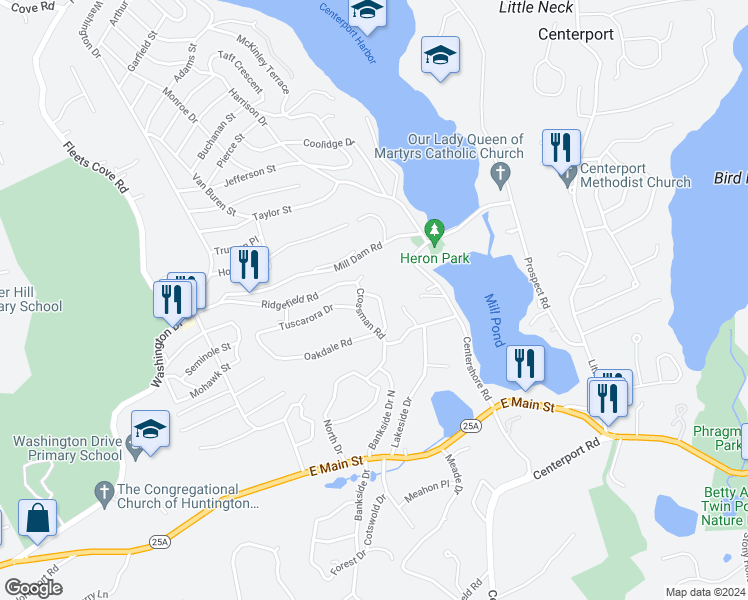 map of restaurants, bars, coffee shops, grocery stores, and more near 6 Highland Drive in Centerport