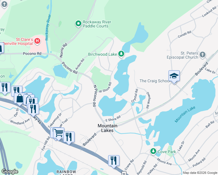 map of restaurants, bars, coffee shops, grocery stores, and more near 2 East Shore Road in Mountain Lakes