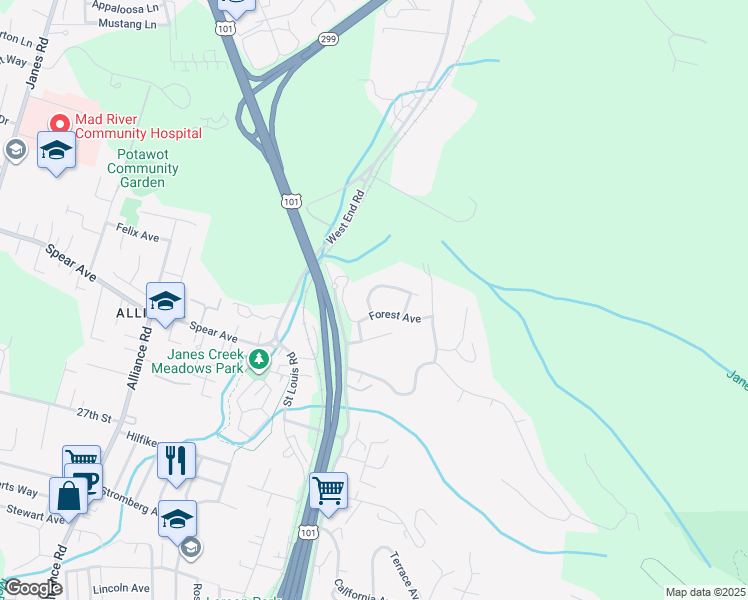 map of restaurants, bars, coffee shops, grocery stores, and more near 3400 Curtis Avenue in Arcata