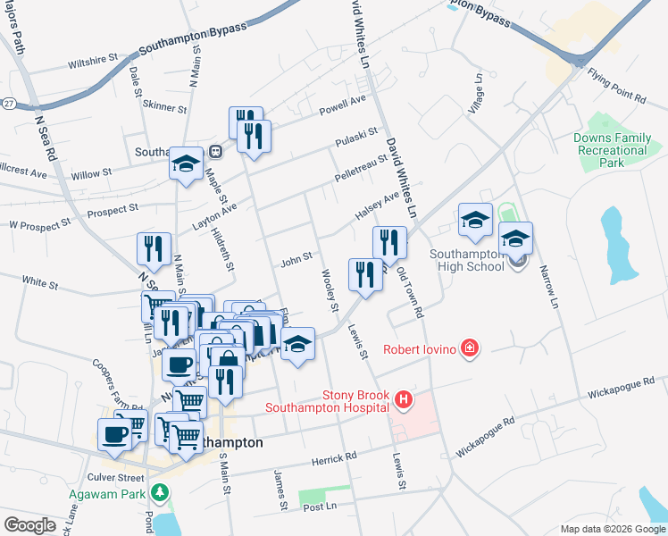 map of restaurants, bars, coffee shops, grocery stores, and more near 52 Wooley Street in Southampton