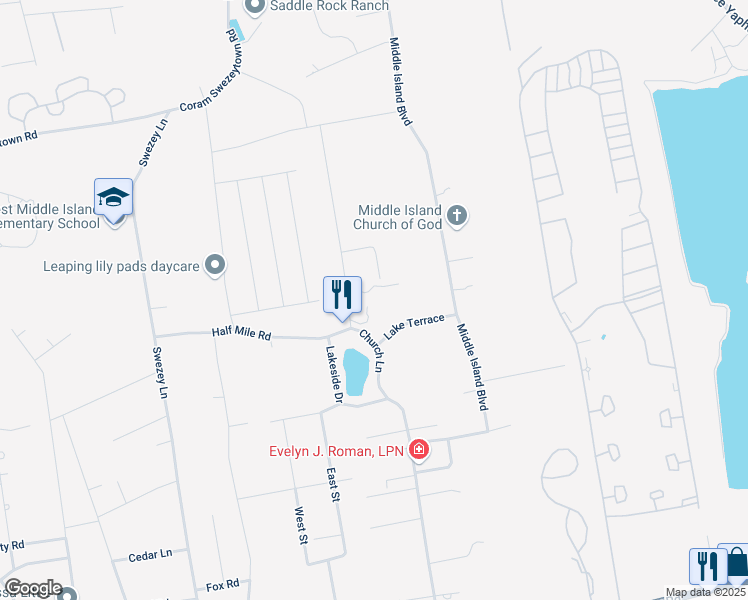 map of restaurants, bars, coffee shops, grocery stores, and more near 1 Lake Terrace in Middle Island