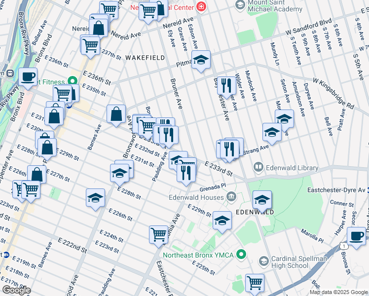 map of restaurants, bars, coffee shops, grocery stores, and more near 1027 East 232nd Street in Bronx