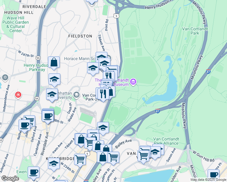 map of restaurants, bars, coffee shops, grocery stores, and more near in The Bronx