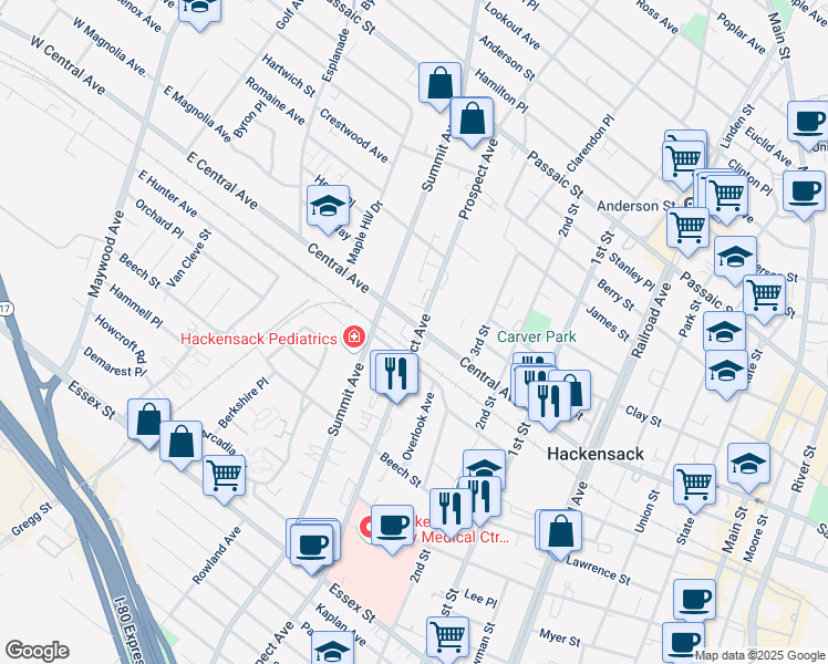 map of restaurants, bars, coffee shops, grocery stores, and more near in Hackensack