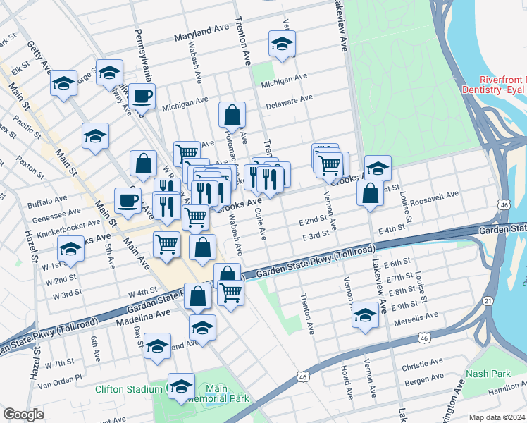 map of restaurants, bars, coffee shops, grocery stores, and more near 329 East 1st Street in Clifton