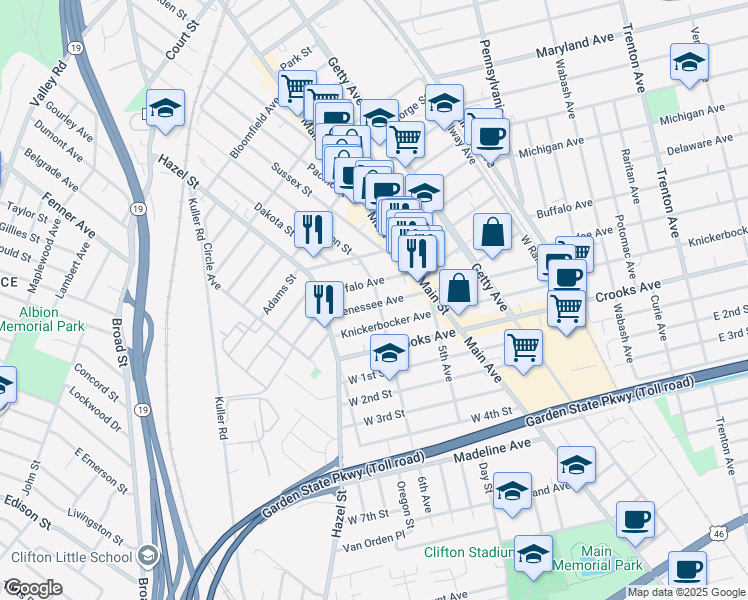 map of restaurants, bars, coffee shops, grocery stores, and more near 31 Knickerbocker Avenue in Paterson
