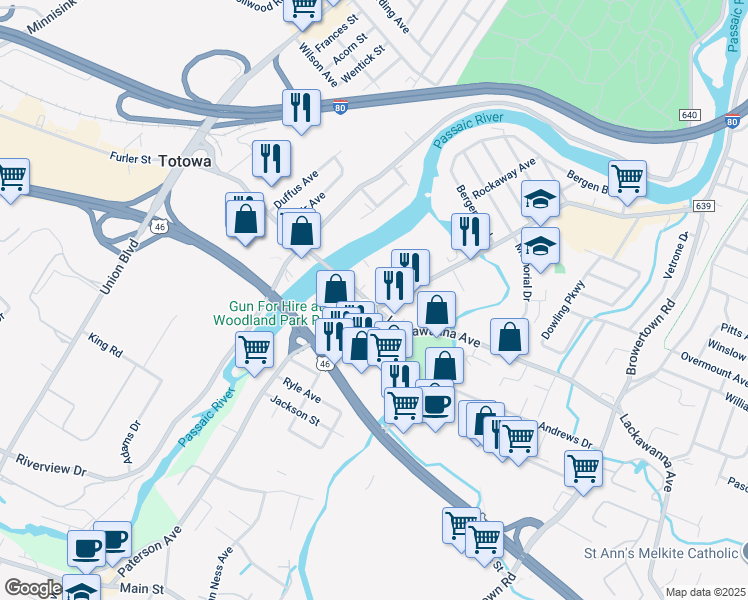 map of restaurants, bars, coffee shops, grocery stores, and more near 71 Lackawanna Avenue in Woodland Park