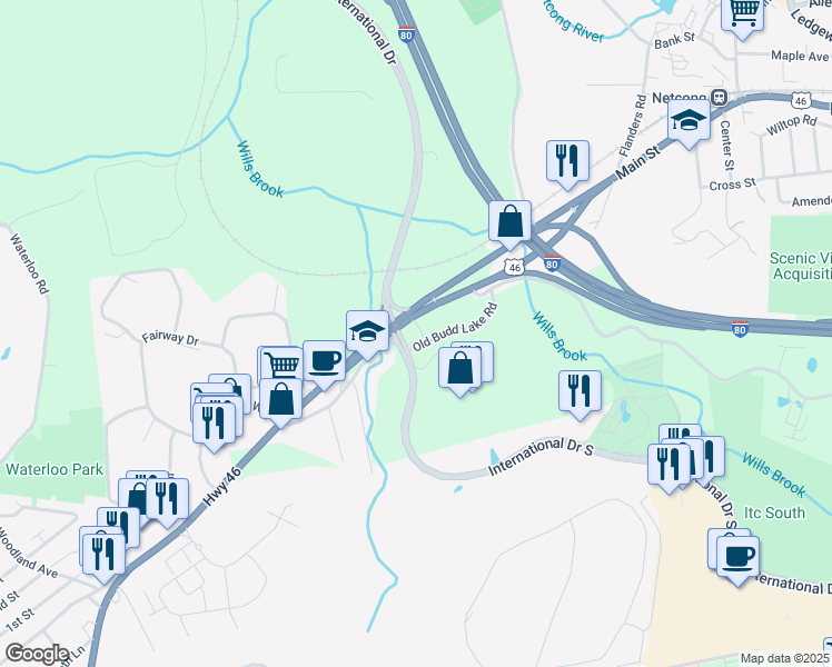 map of restaurants, bars, coffee shops, grocery stores, and more near 100 International Drive South in Mount Olive Township
