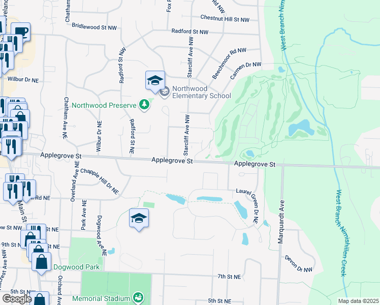 map of restaurants, bars, coffee shops, grocery stores, and more near 1265 Wynnridge Avenue Northeast in North Canton