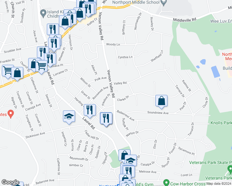 map of restaurants, bars, coffee shops, grocery stores, and more near 214 Vernon Valley Road in East Northport