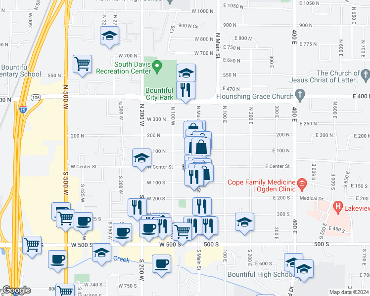 map of restaurants, bars, coffee shops, grocery stores, and more near 52 West 100 North in Bountiful