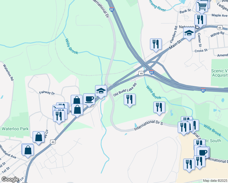 map of restaurants, bars, coffee shops, grocery stores, and more near 35 U.S. 46 in Mount Olive Township