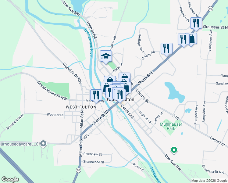 map of restaurants, bars, coffee shops, grocery stores, and more near 139 Canal Street North in Canal Fulton