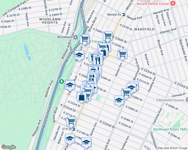 map of restaurants, bars, coffee shops, grocery stores, and more near in The Bronx