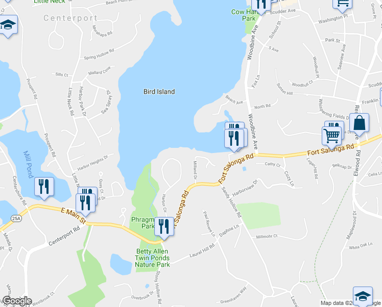 map of restaurants, bars, coffee shops, grocery stores, and more near 30 Milland Drive in Northport