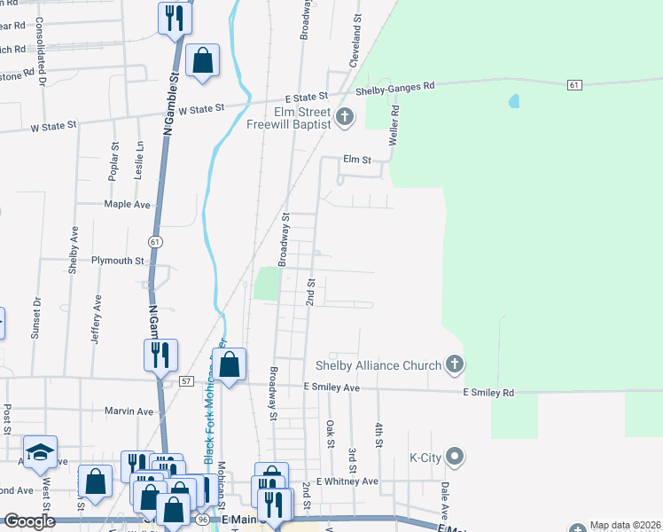 map of restaurants, bars, coffee shops, grocery stores, and more near 115 2nd Street in Shelby