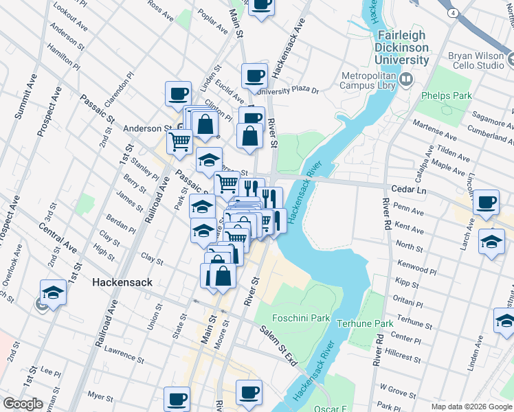map of restaurants, bars, coffee shops, grocery stores, and more near in Hackensack