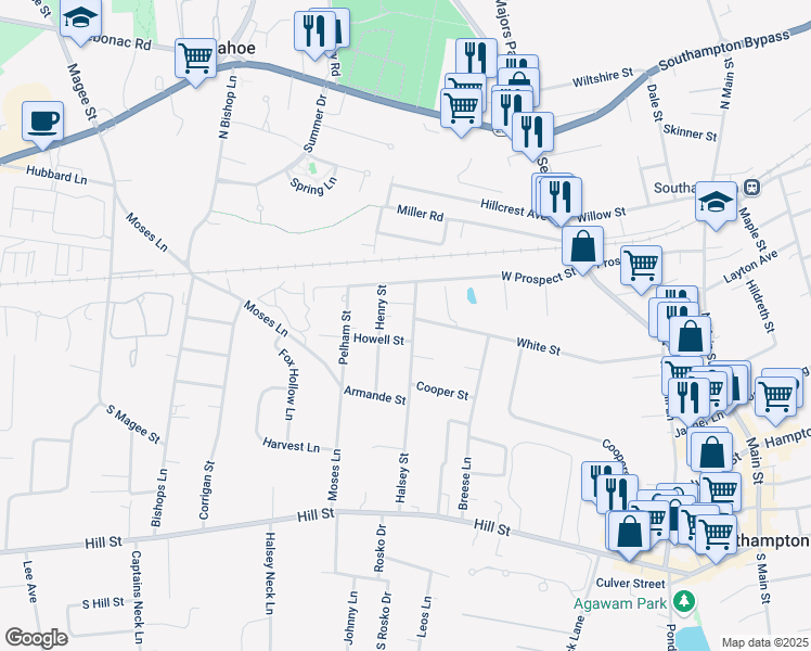 map of restaurants, bars, coffee shops, grocery stores, and more near 205 Halsey Street in Southampton