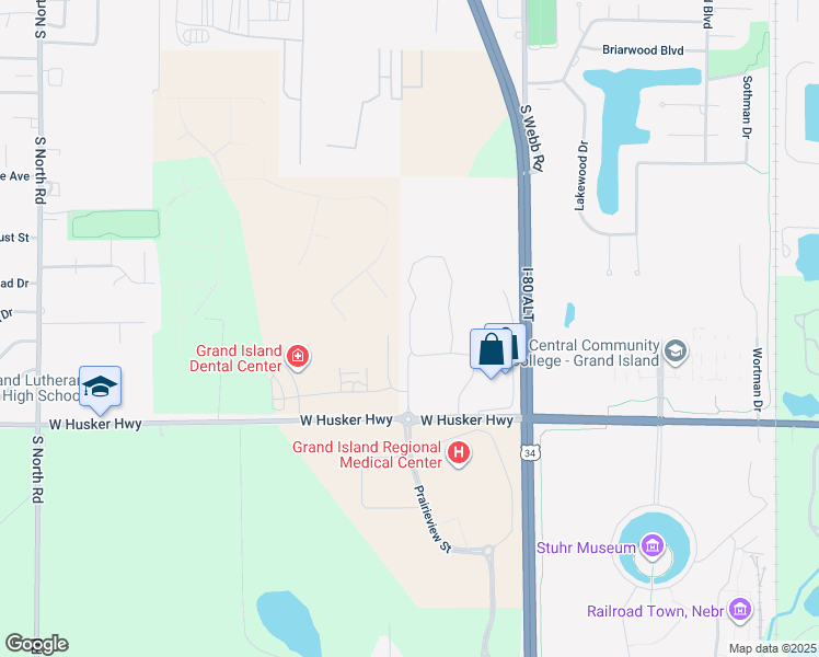 map of restaurants, bars, coffee shops, grocery stores, and more near Prairieview Street in Grand Island
