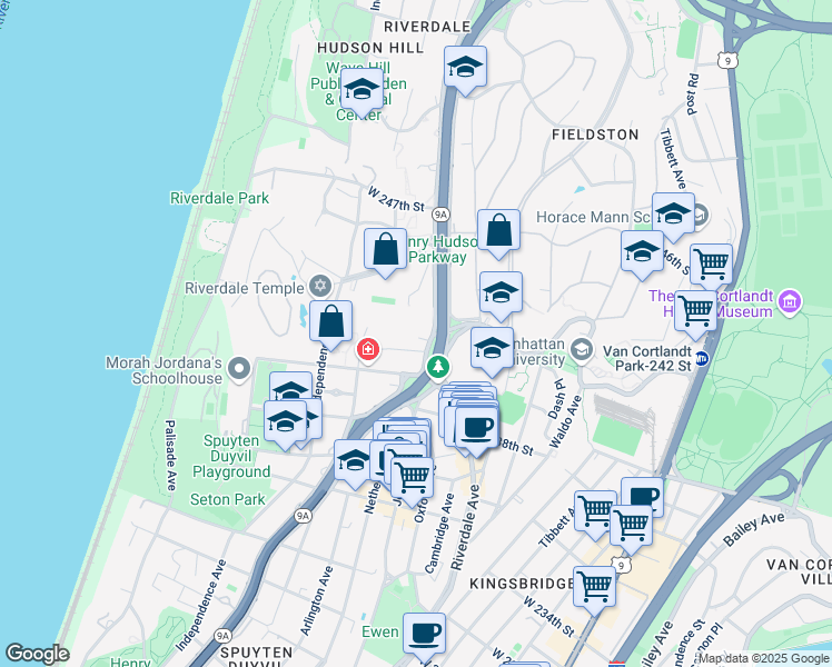 map of restaurants, bars, coffee shops, grocery stores, and more near 4055 Henry Hudson Parkway West in The Bronx