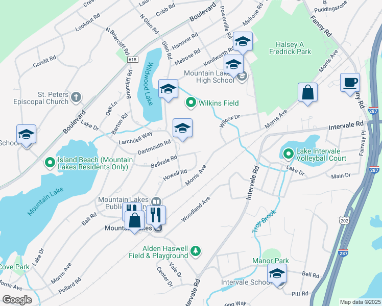 map of restaurants, bars, coffee shops, grocery stores, and more near 99 Briarcliff Road in Mountain Lakes