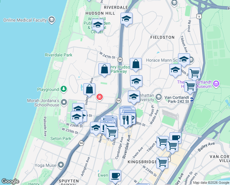 map of restaurants, bars, coffee shops, grocery stores, and more near in The Bronx