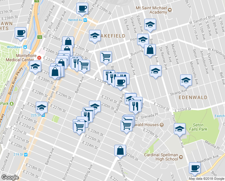map of restaurants, bars, coffee shops, grocery stores, and more near 929 East 231st Street in The Bronx