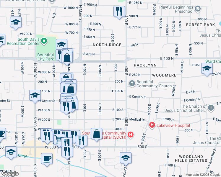 map of restaurants, bars, coffee shops, grocery stores, and more near 260 East 100 North in Bountiful